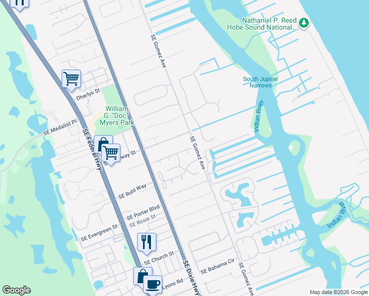 map of restaurants, bars, coffee shops, grocery stores, and more near 8625 Southeast Gulfstream Place in Hobe Sound