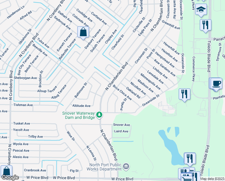 map of restaurants, bars, coffee shops, grocery stores, and more near 2348 North Chamberlain Boulevard in North Port