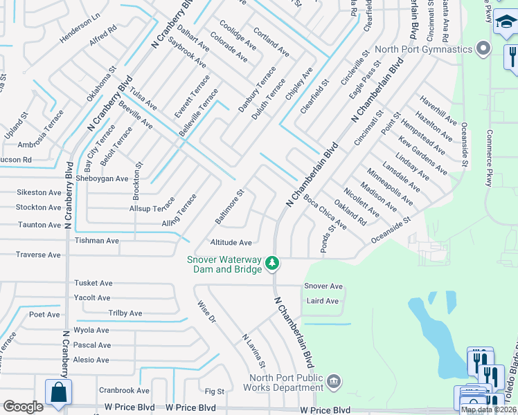 map of restaurants, bars, coffee shops, grocery stores, and more near 2306 Burlington Street in North Port