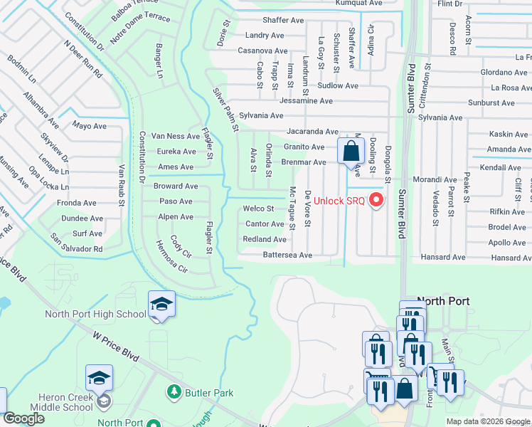 map of restaurants, bars, coffee shops, grocery stores, and more near 5933 Burwin Avenue in North Port