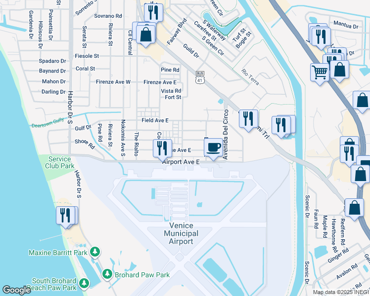 map of restaurants, bars, coffee shops, grocery stores, and more near 301 Base Avenue East in Venice