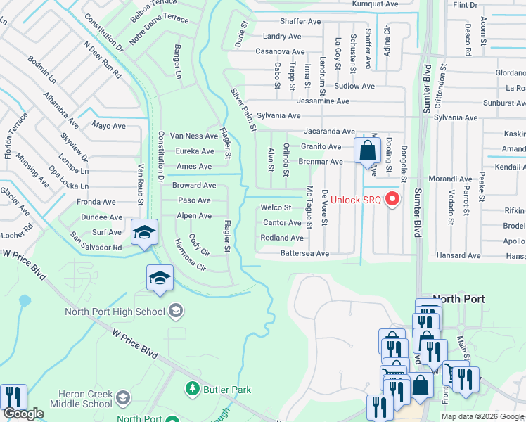 map of restaurants, bars, coffee shops, grocery stores, and more near 5933 Burwin Avenue in North Port