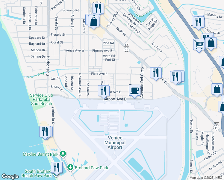 map of restaurants, bars, coffee shops, grocery stores, and more near 220 Base Avenue East in Venice