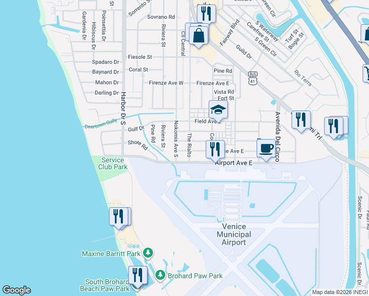 map of restaurants, bars, coffee shops, grocery stores, and more near 1400 The Rialto in Venice