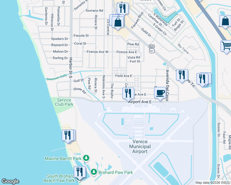 map of restaurants, bars, coffee shops, grocery stores, and more near 101 Base Avenue West in Venice