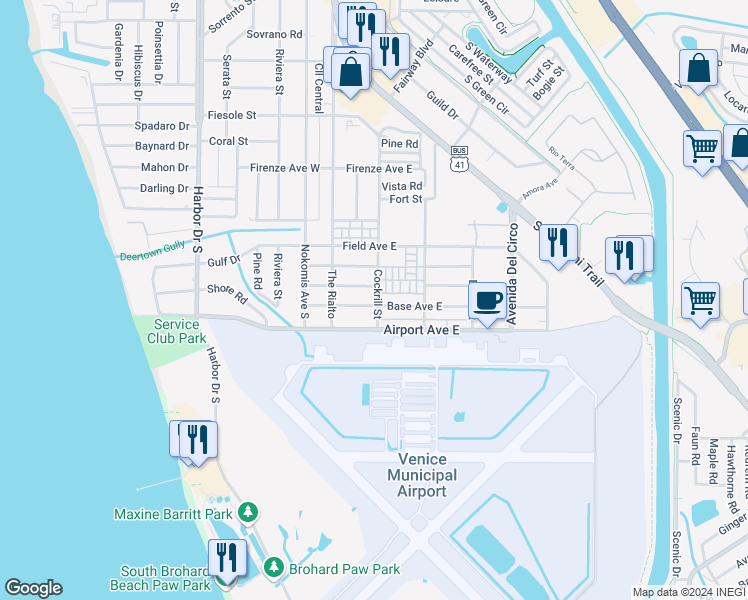 map of restaurants, bars, coffee shops, grocery stores, and more near 125 Base Avenue East in Venice