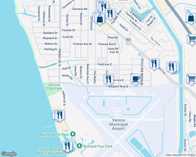 map of restaurants, bars, coffee shops, grocery stores, and more near 105 Base Avenue East in Venice