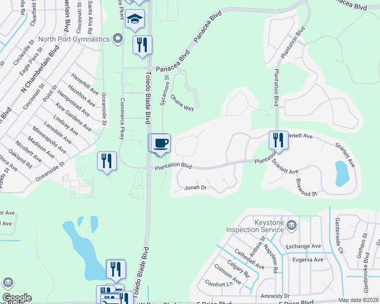map of restaurants, bars, coffee shops, grocery stores, and more near 2418 Magnolia Circle in North Port