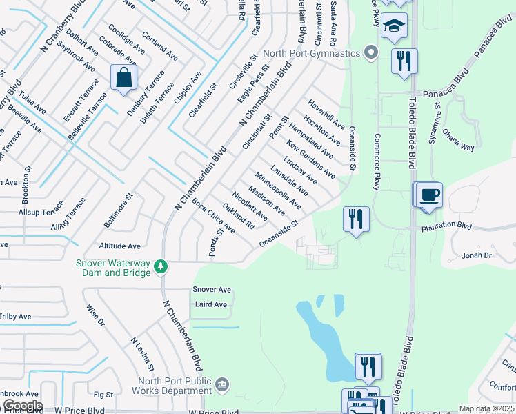 map of restaurants, bars, coffee shops, grocery stores, and more near 1668 Nicollett Avenue in North Port