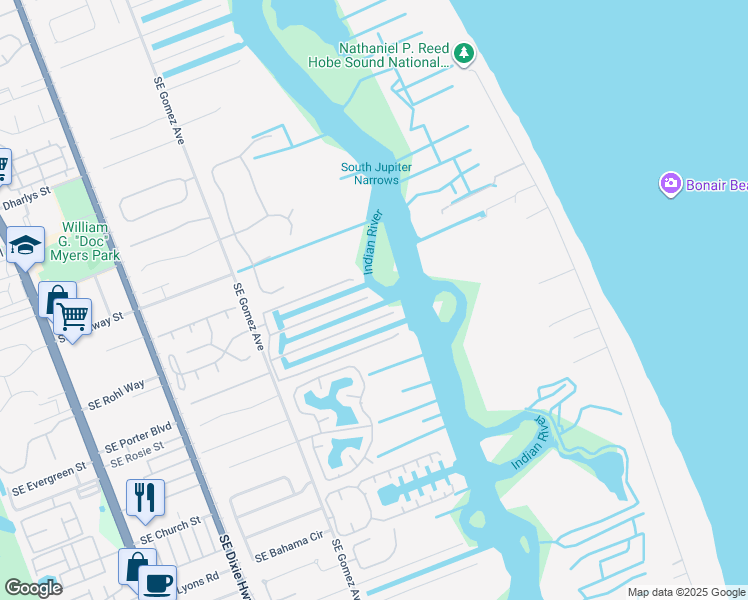 map of restaurants, bars, coffee shops, grocery stores, and more near 9096 Southeast Harbor Island Way in Hobe Sound