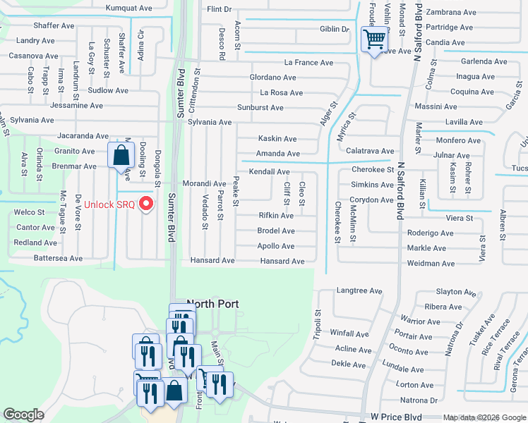 map of restaurants, bars, coffee shops, grocery stores, and more near 4414 Brodel Avenue in North Port