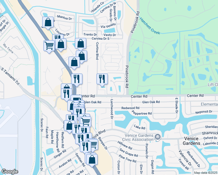 map of restaurants, bars, coffee shops, grocery stores, and more near 275 Mission Trail West in Venice