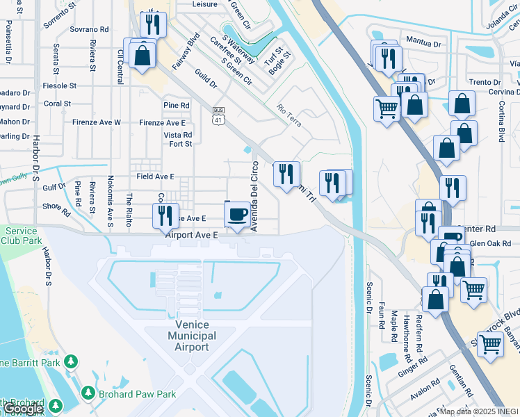 map of restaurants, bars, coffee shops, grocery stores, and more near 460 Base Avenue East in Venice