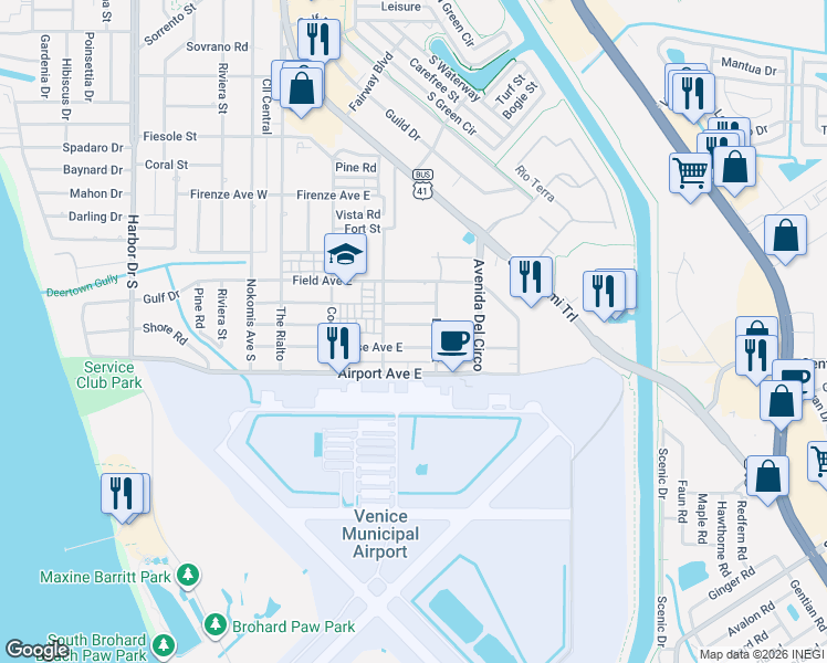 map of restaurants, bars, coffee shops, grocery stores, and more near 320 Base Avenue East in Venice