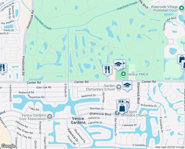 map of restaurants, bars, coffee shops, grocery stores, and more near 440 Pinewood Lake Drive in Venice