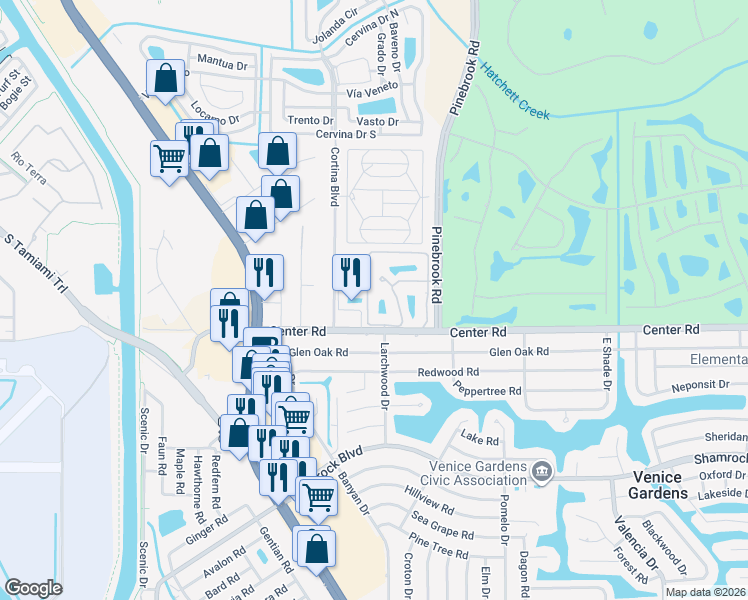 map of restaurants, bars, coffee shops, grocery stores, and more near 195 Fenwick Drive in Venice