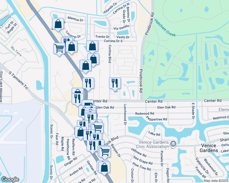 map of restaurants, bars, coffee shops, grocery stores, and more near 195 Fenwick Drive in Venice