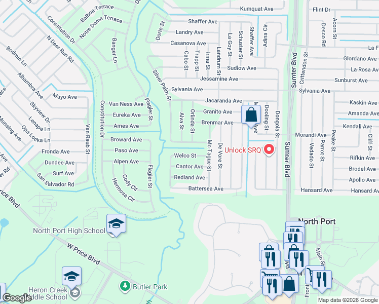 map of restaurants, bars, coffee shops, grocery stores, and more near 5933 Burwin Avenue in North Port