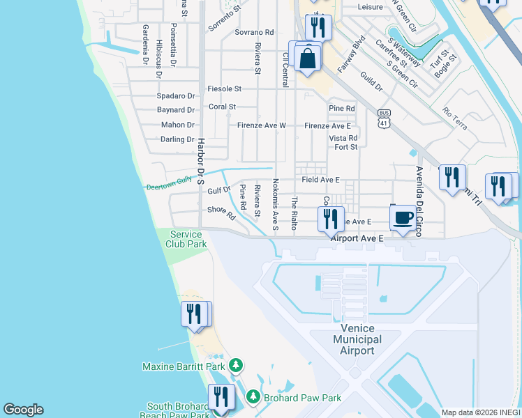 map of restaurants, bars, coffee shops, grocery stores, and more near 1114 Nokomis Avenue South in Venice
