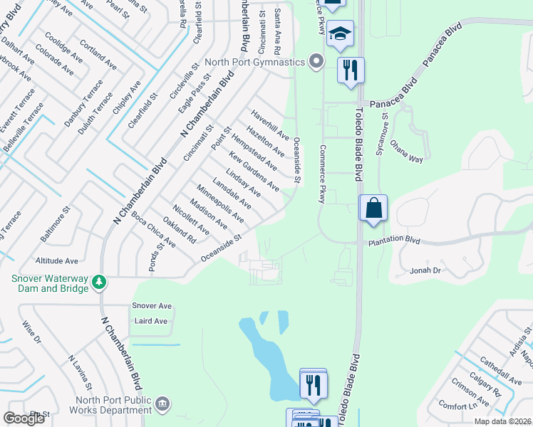 map of restaurants, bars, coffee shops, grocery stores, and more near 1312 Lindsay Avenue in North Port