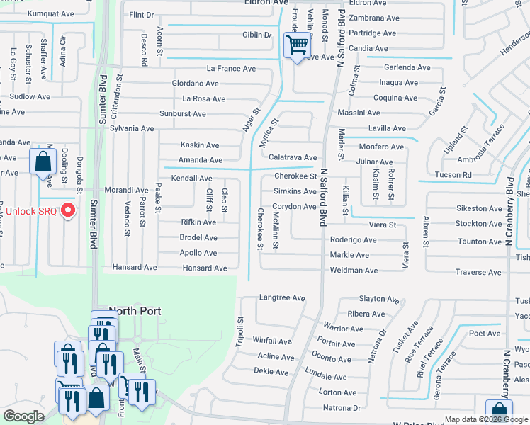 map of restaurants, bars, coffee shops, grocery stores, and more near 4258 Corydon Avenue in North Port