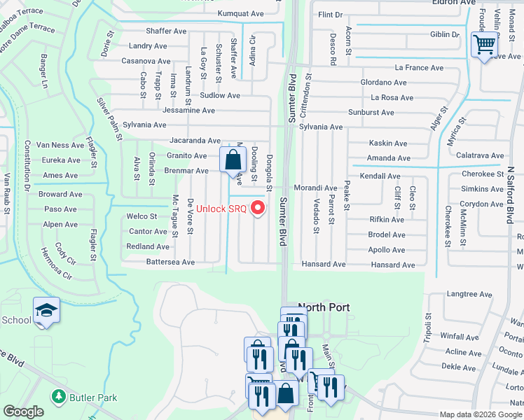 map of restaurants, bars, coffee shops, grocery stores, and more near 5169 Morandi Avenue in North Port