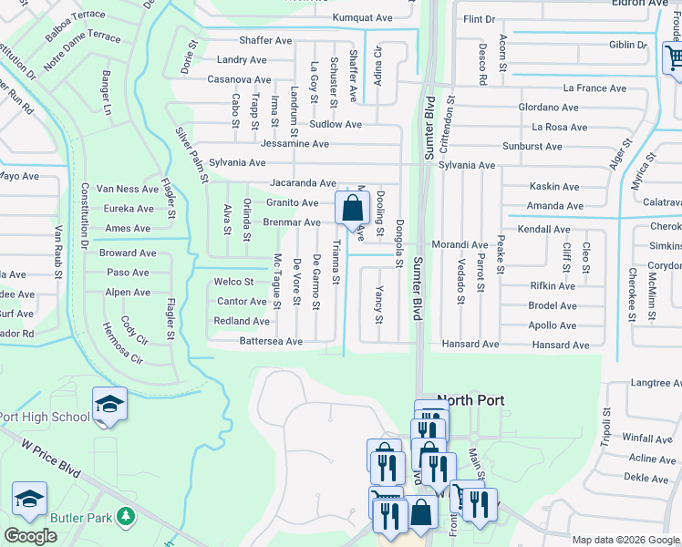 map of restaurants, bars, coffee shops, grocery stores, and more near 2576 Trianna Street in North Port