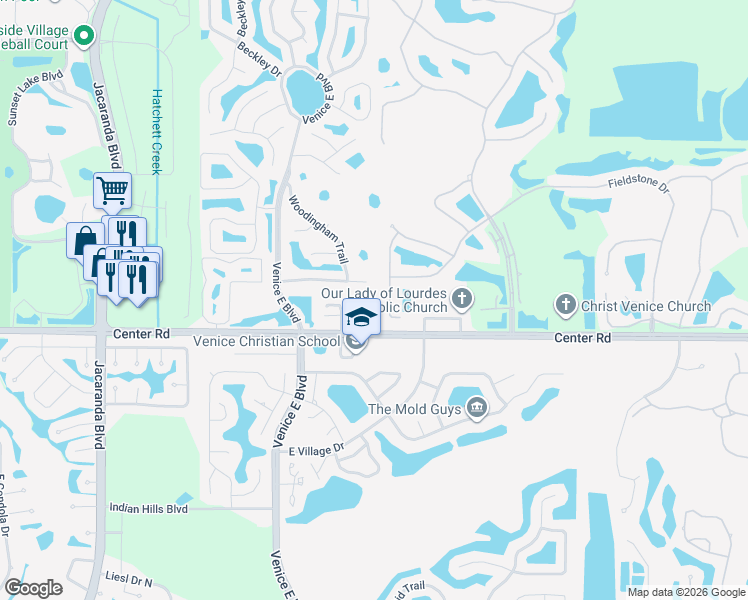 map of restaurants, bars, coffee shops, grocery stores, and more near 127 Wayforest Drive in Venice