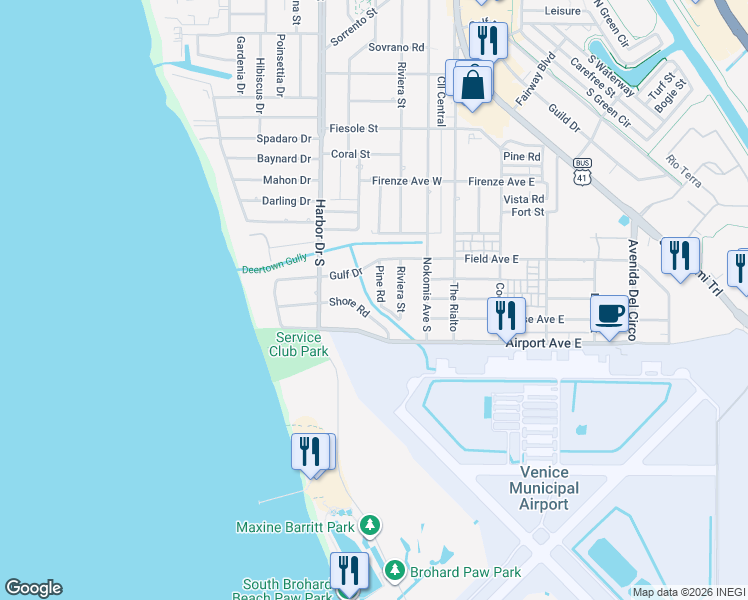 map of restaurants, bars, coffee shops, grocery stores, and more near 1113 Pine Road in Venice