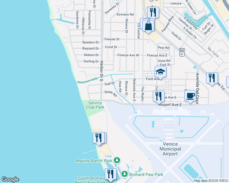 map of restaurants, bars, coffee shops, grocery stores, and more near 305 Gulf Drive in Venice