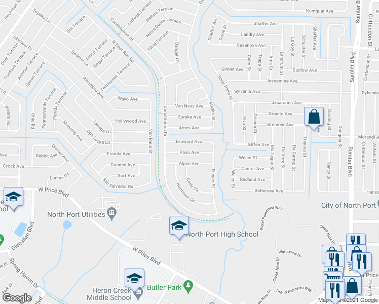 map of restaurants, bars, coffee shops, grocery stores, and more near Broward Avenue in North Port