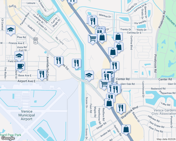 map of restaurants, bars, coffee shops, grocery stores, and more near 305 Center Court in Venice