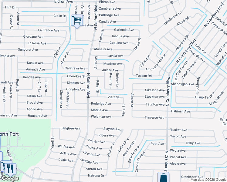 map of restaurants, bars, coffee shops, grocery stores, and more near 2657 Rohrer Street in North Port