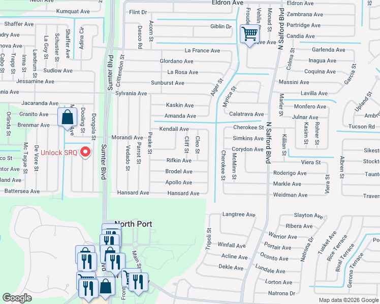 map of restaurants, bars, coffee shops, grocery stores, and more near 2567 Cleo Street in North Port