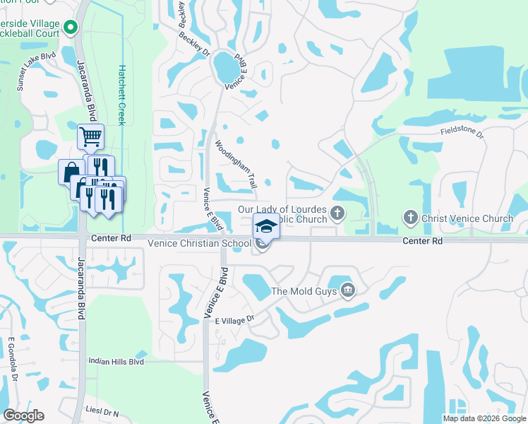 map of restaurants, bars, coffee shops, grocery stores, and more near 114 Woodingham Drive in Venice