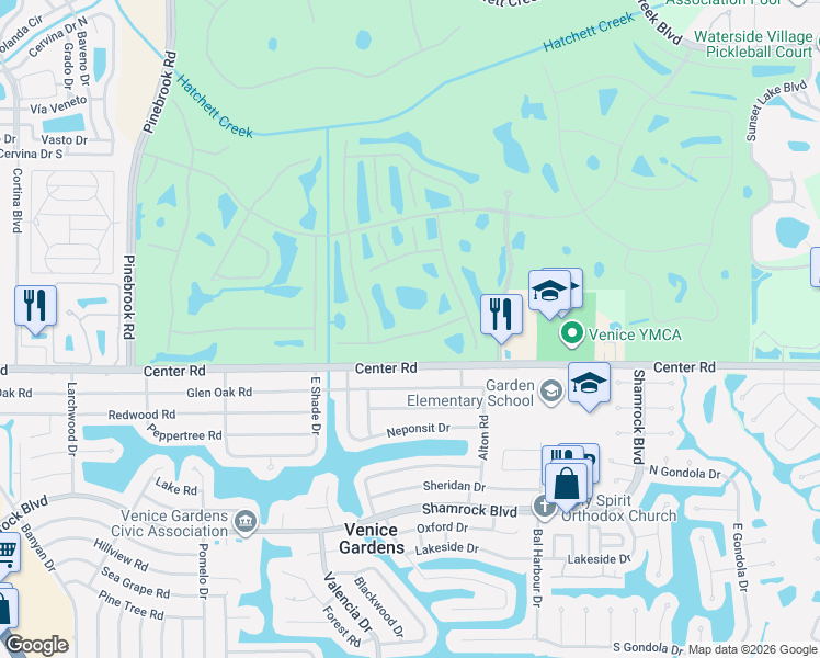 map of restaurants, bars, coffee shops, grocery stores, and more near 445 Pinewood Lake Drive in Venice