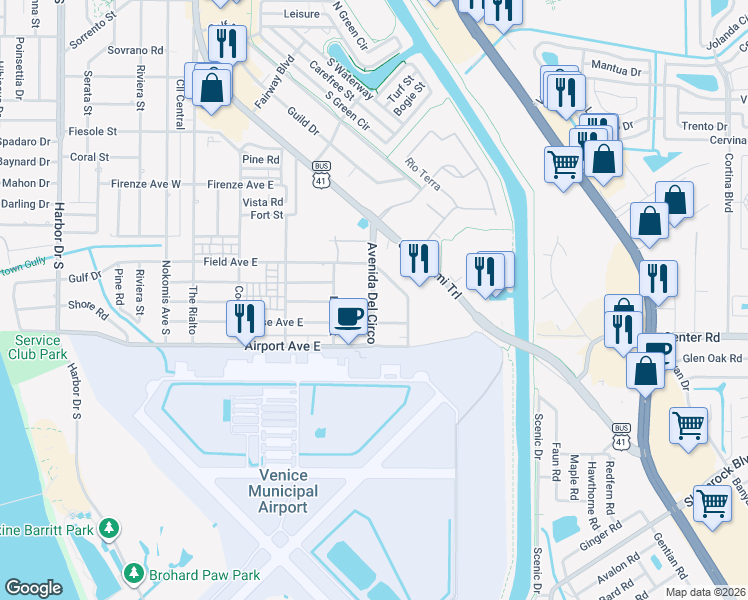 map of restaurants, bars, coffee shops, grocery stores, and more near 400 Field Avenue East in Venice