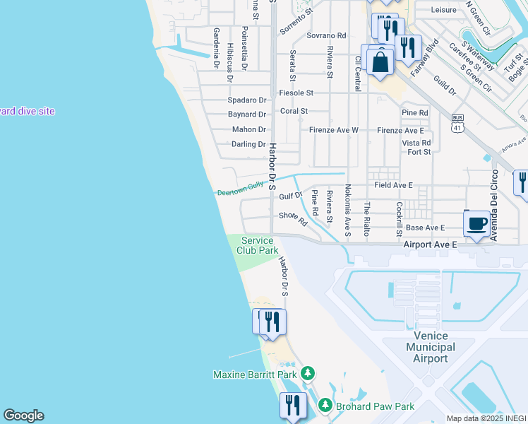 map of restaurants, bars, coffee shops, grocery stores, and more near 1100 Harbor Drive South in Venice