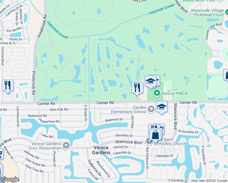 map of restaurants, bars, coffee shops, grocery stores, and more near 445 Pinewood Lake Drive in Venice