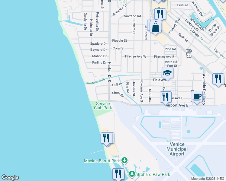 map of restaurants, bars, coffee shops, grocery stores, and more near 305 Gulf Drive in Venice