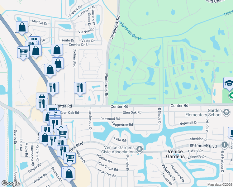 map of restaurants, bars, coffee shops, grocery stores, and more near 990 Chickadee Drive in Venice