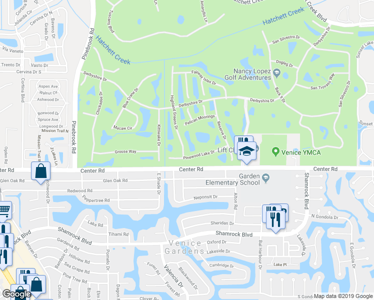 map of restaurants, bars, coffee shops, grocery stores, and more near 1321 Highland Greens Drive in Venice