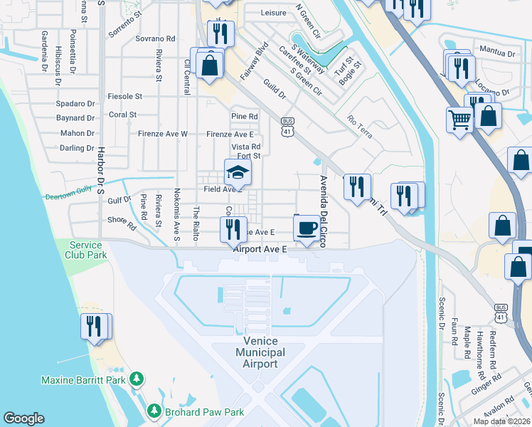 map of restaurants, bars, coffee shops, grocery stores, and more near 301 Alba Street East in Venice