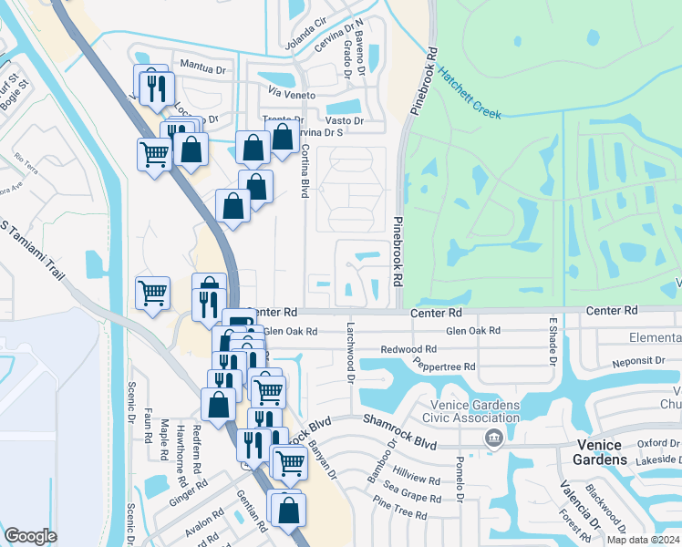 map of restaurants, bars, coffee shops, grocery stores, and more near 285 Mission Trail West in Venice