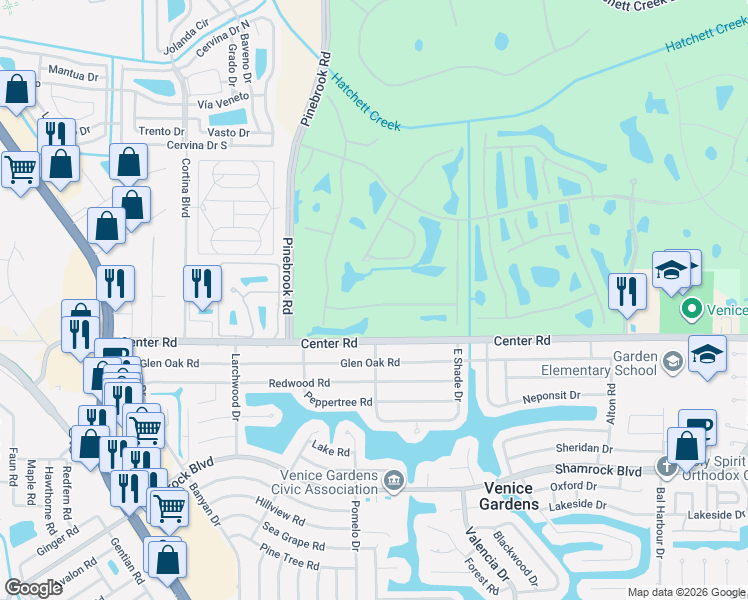 map of restaurants, bars, coffee shops, grocery stores, and more near 1021 Grouse Way in Venice