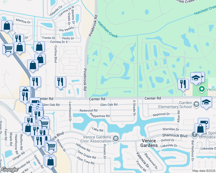 map of restaurants, bars, coffee shops, grocery stores, and more near 1021 Grouse Way in Venice
