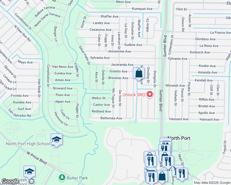 map of restaurants, bars, coffee shops, grocery stores, and more near 2593 De Vore Street in North Port