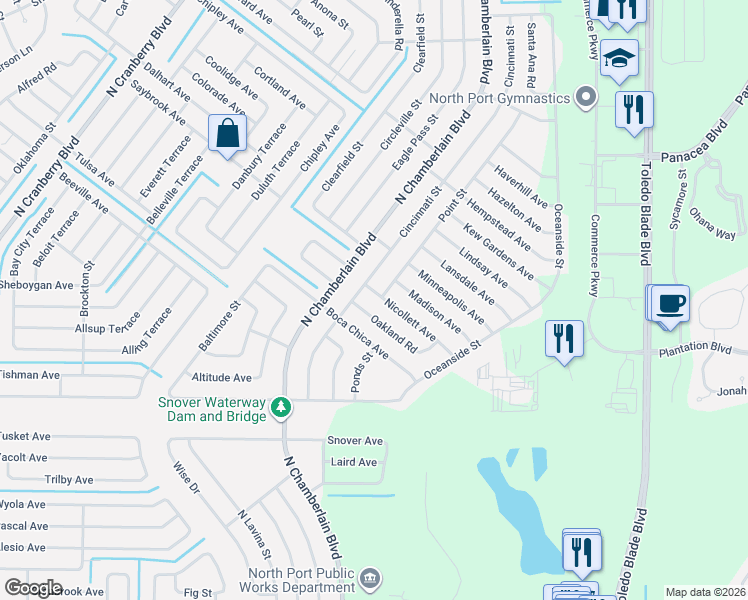 map of restaurants, bars, coffee shops, grocery stores, and more near 1830 Nicollett Avenue in North Port