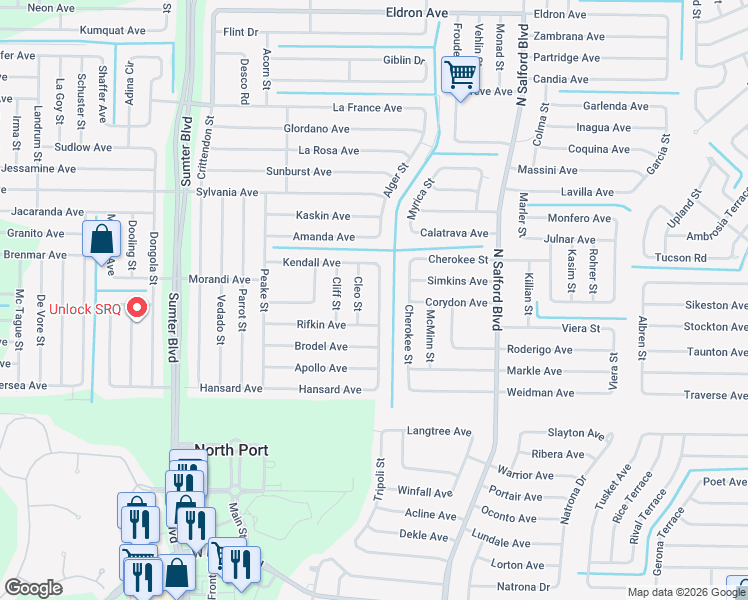 map of restaurants, bars, coffee shops, grocery stores, and more near 2580 Belvidere Street in North Port