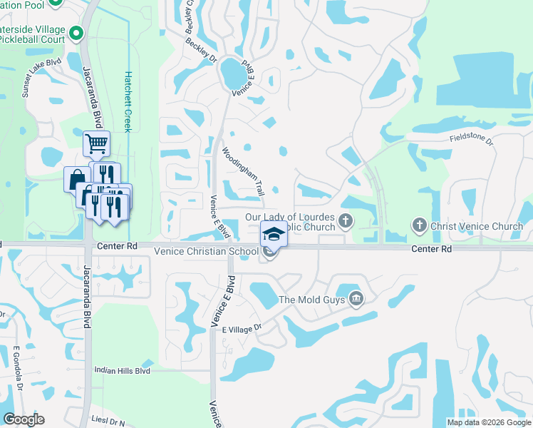 map of restaurants, bars, coffee shops, grocery stores, and more near 114 Woodingham Drive in Venice